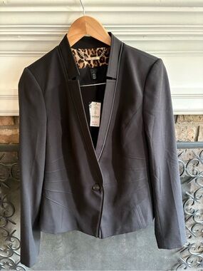 WHBM, Black Women's Single-Button Blazer Jacket - Leopard Lining, size 8